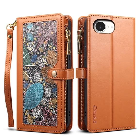 ELEHOLD Crossbody Wallet Case for iPhone 16e/17e, RFID Blocking Shockproof PU Leather Zipper Cover with Kickstand, Brown