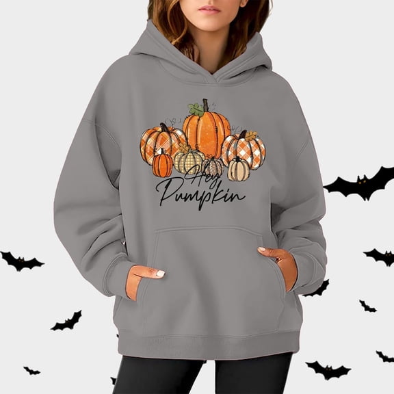 Women's Hoodies Sweatshirts Women Halloween Sweatshirt Pumpkin Print Long Sleeve Casual Pocket Pullover Hoodie Gray 3XL