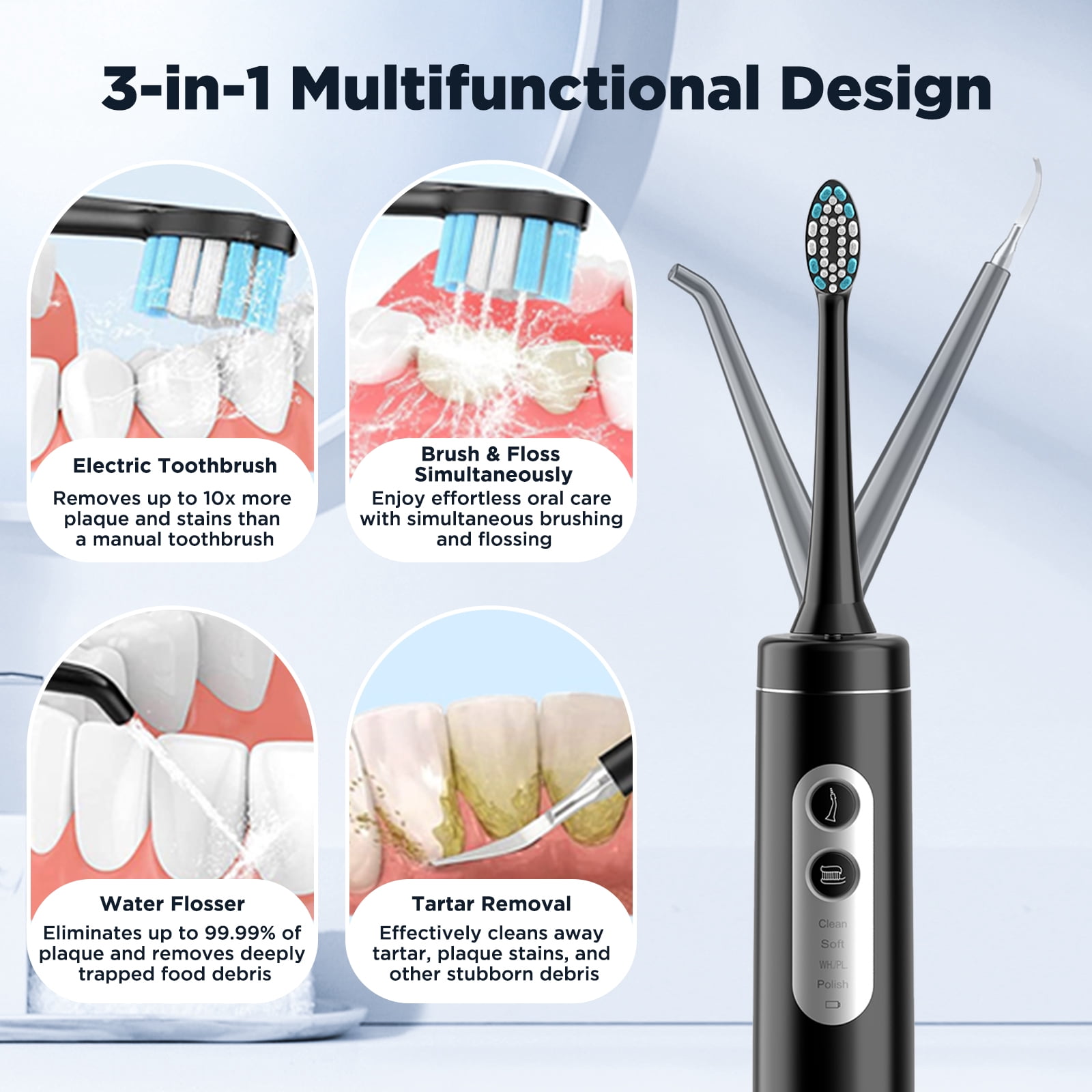 Electric Toothbrush with Water Flosser, 3-in-1 Sonic Flossing Toothbrush with 6 Modes, Teeth Cleaning Kit for Adults Teeth Cleaning and Plaque Removal (Black)