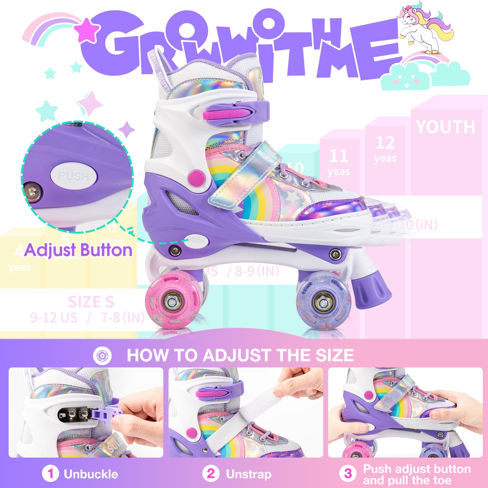 2PM SPORTS SULIFEEL Rainbow Unicorn Adjustable Roller Skates for Kids with Light up Wheels