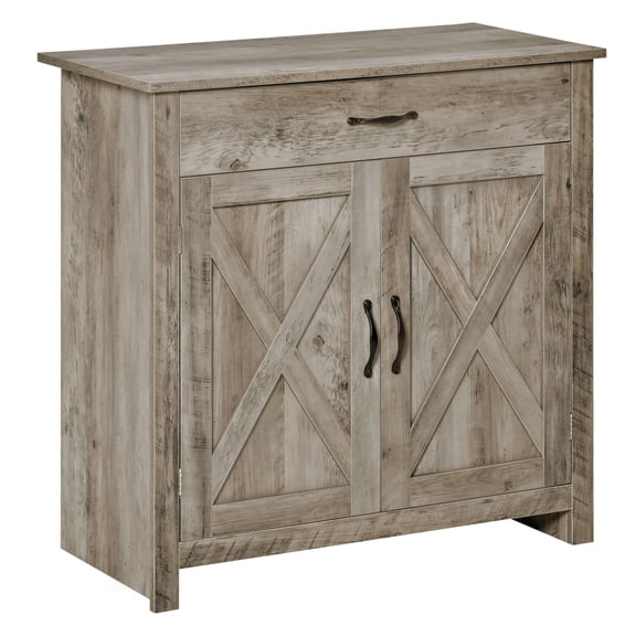 HOMCOM 32" Farmhouse Sideboard Buffet Cabinet, Barn Door Style Coffee Bar for Kitchen, Living Room or Entryway, Gray Wash