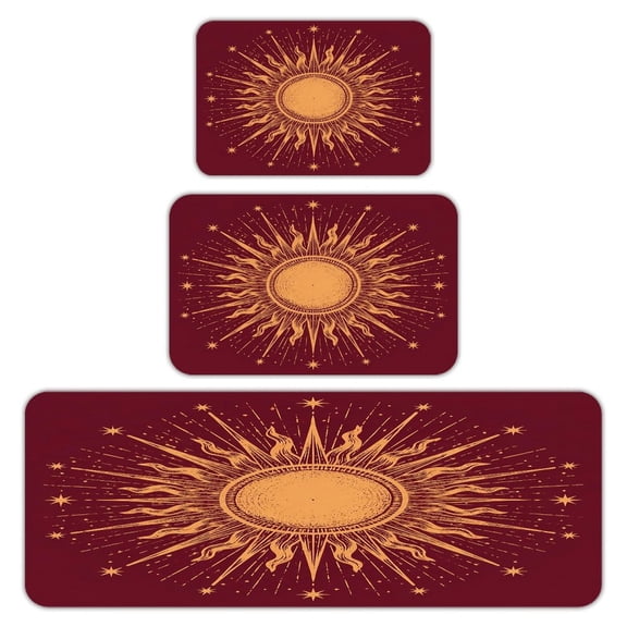 RKSupls Kitchen Rug Set 3 Piece Anti-Slip Flannel Floor Mats, Radiant Sun Vintage Washable Absorbent Runner Mats for Kitchen Bathroom Home Decor