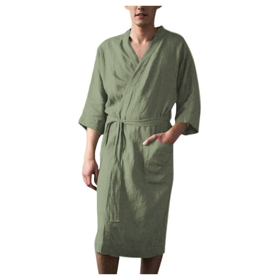 FNFFH Soft Cotton Robe for Men Lightweight 3/4 Sleeve Spa Bathrobe Breathable Cozy Sleepwear Loungewear with Pockets