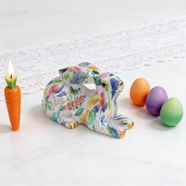 Adornos de Pascua, regalos de Pascua, figura de conejo de Pascua con diseños florales de acuarela, decoración de resina, 19,5 cm de largo x 12 cm de alto, bonita decoración primaveral para el hogar o