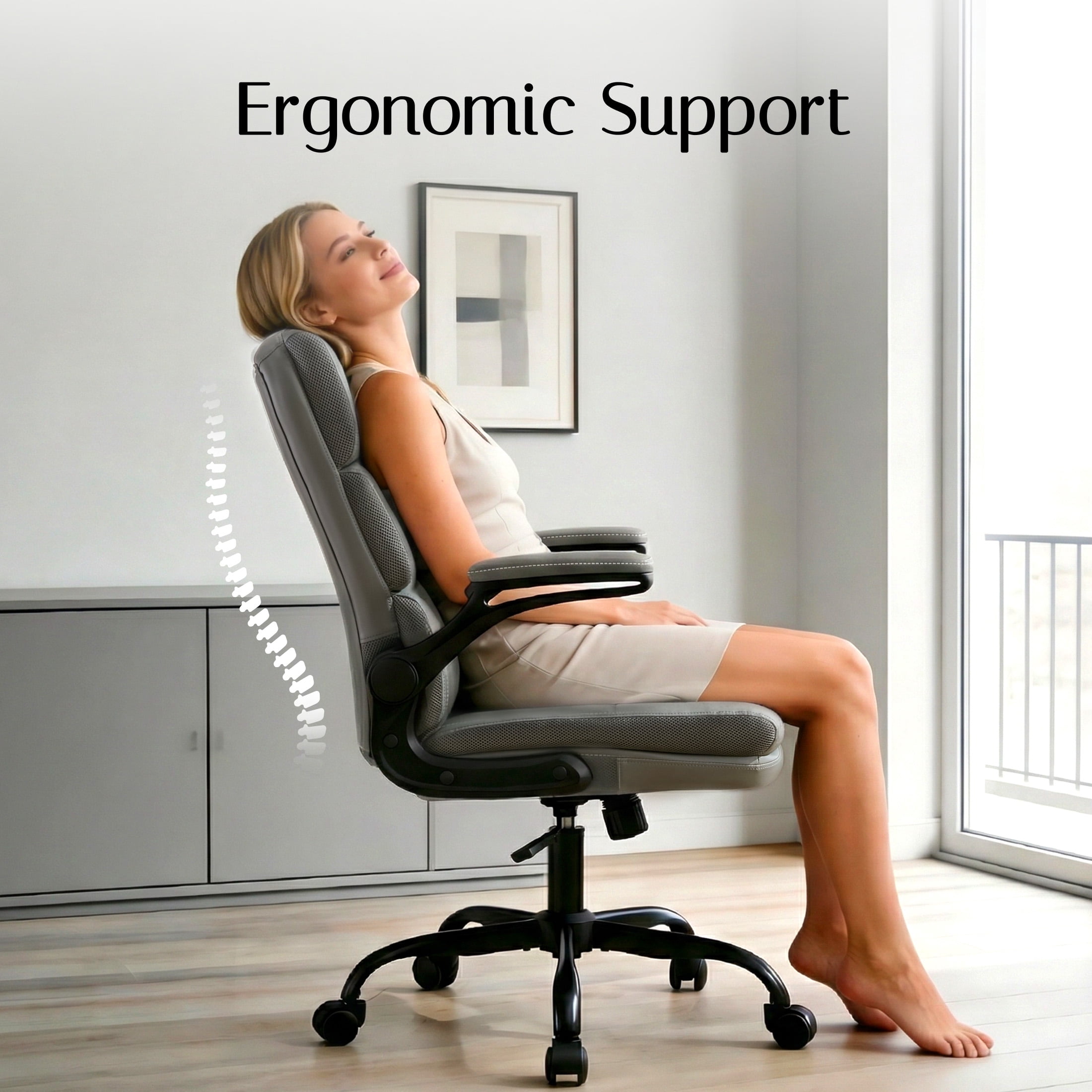 TMV Ergonomic Executive Desk Chair - PU Leather Adjustable Arm Swivel Office Chair for Vanity Desk, Home & Executive Desk,Grey