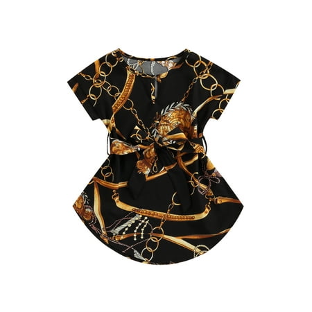 

ZIYIXIN Summer Kids Girls Dress With Belt Flowers/Striped Printed V Neck A-Line Dresses Clothing Black Golden 2-3 Years