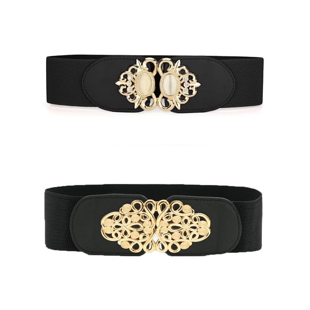 Cinturones elásticos anchos para mujeres INSPIRE CHIC con hebilla de metal, cinturones elásticos para vestido 67cm/26.38" y 67cm/26.38" en forma de nudo negro y forma ovalada negra