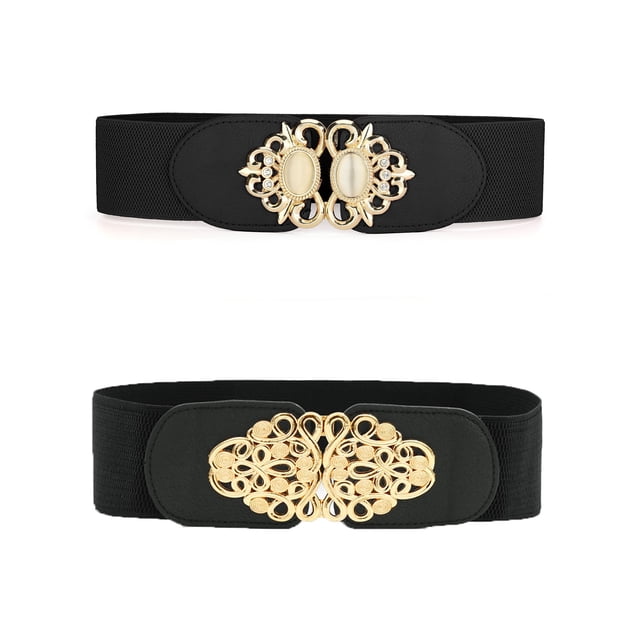 Cinturones elásticos anchos para mujeres INSPIRE CHIC con hebilla de metal, cinturones elásticos para vestido 67cm/26.38" y 67cm/26.38" en forma de nudo negro y forma ovalada negra