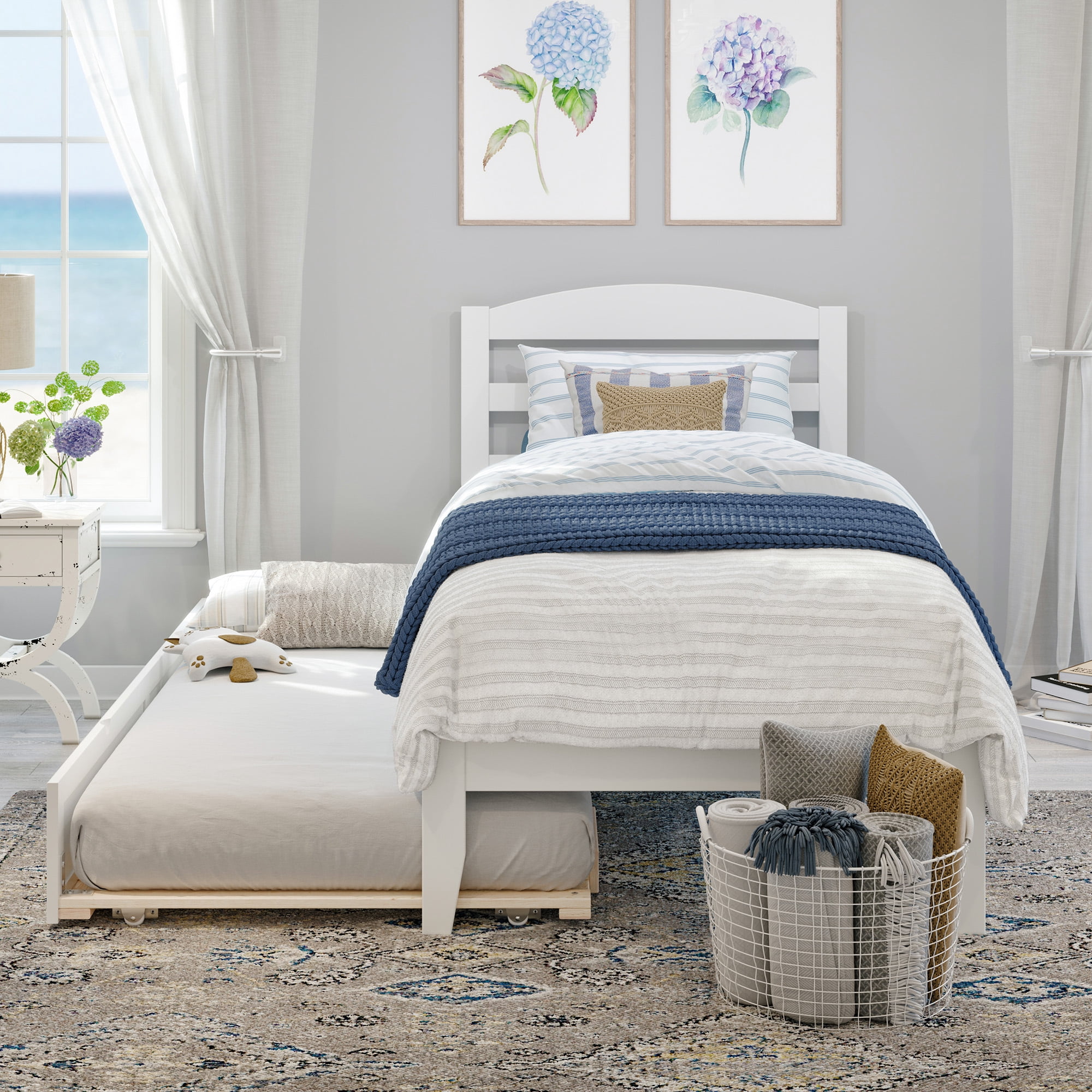 AFI Warren 14" Twin XL Wood Platform Bed Frame with Twin XL Trundle, White