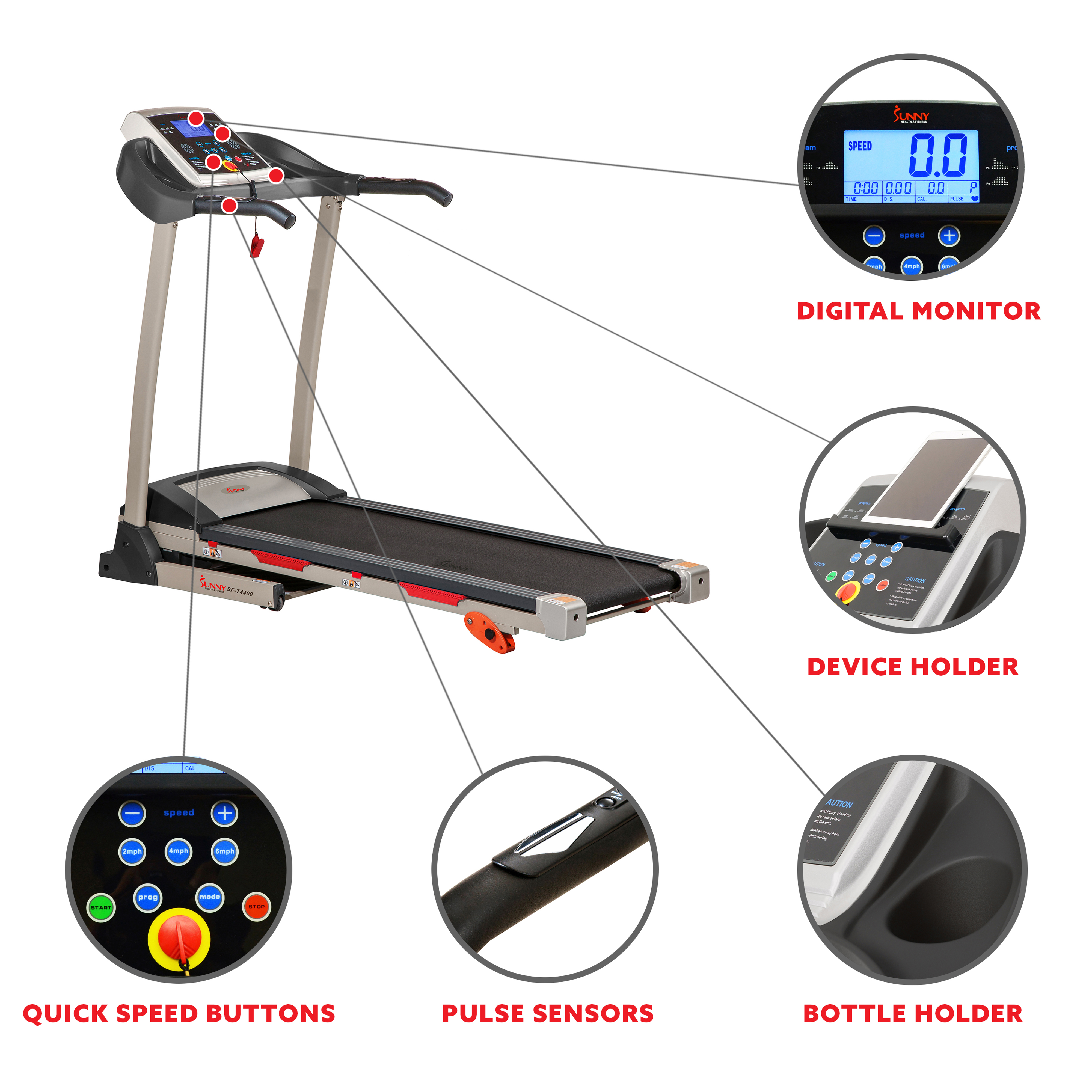 Sunny Health & Fitness Treadmill with Manual Incline, Pulse Sensors, Folding, LCD Monitor for Exercise SF-T4400 - image 8 of 13