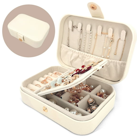 Beige Small Jewelry Box for Women, Adjustable PU Leather Travel Portable Jewelry Case for Rings, Earrings, Necklaces, Bracelets Holder Organizer