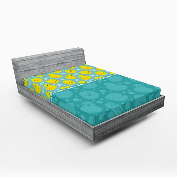 Rubber Duck Fitted Sheet, Cartoon Style Duckies Swimming in Water Pattern Fun Bubbles Aqua Colors, Decorative Soft Bedding All-round Elastic Pocket, California King, Teal Blue, by Ambesonne