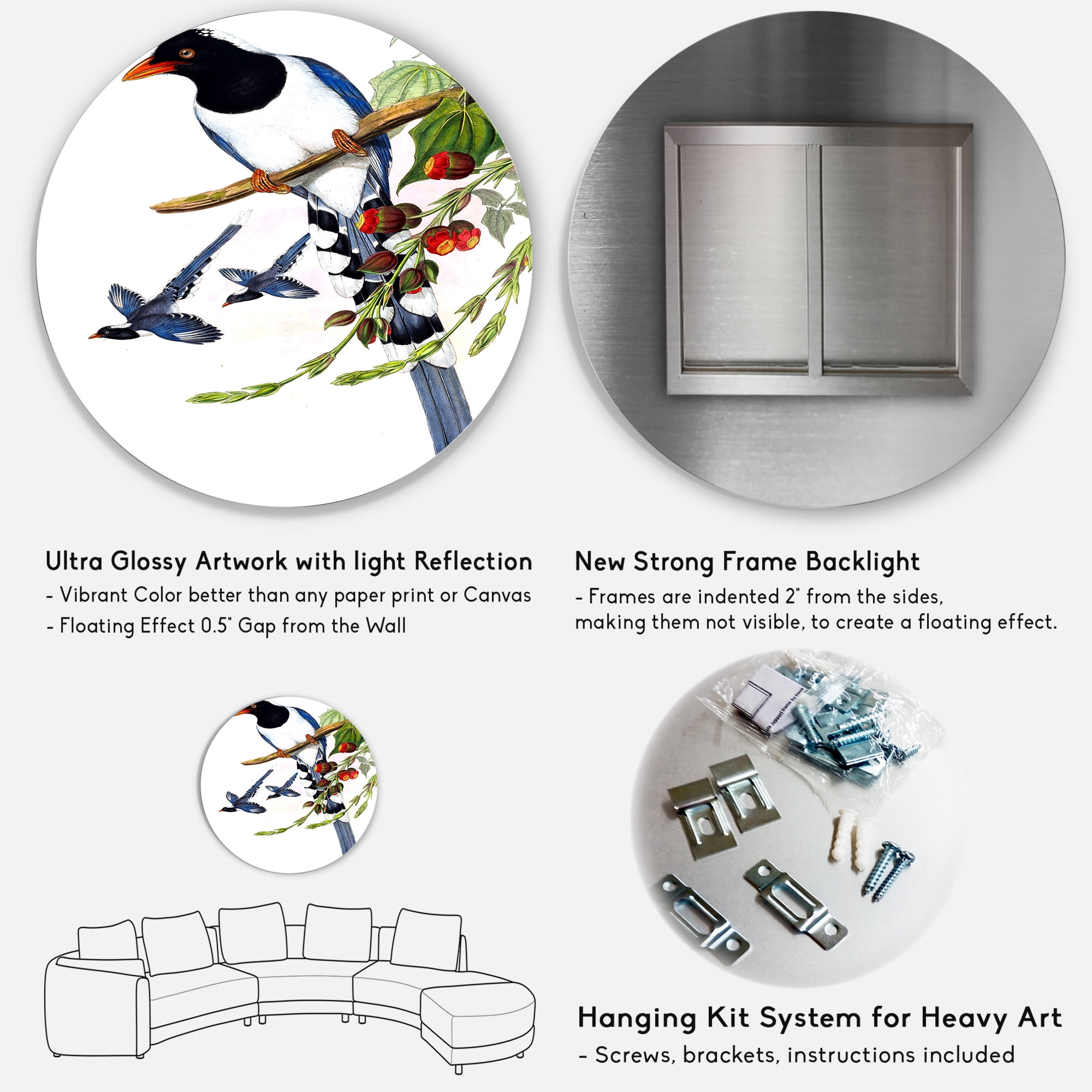 Designart 'Vintage Countryside Birds On Branch IV' Farmhouse Circle Metal Wall Art 29x29 - Disc of 29