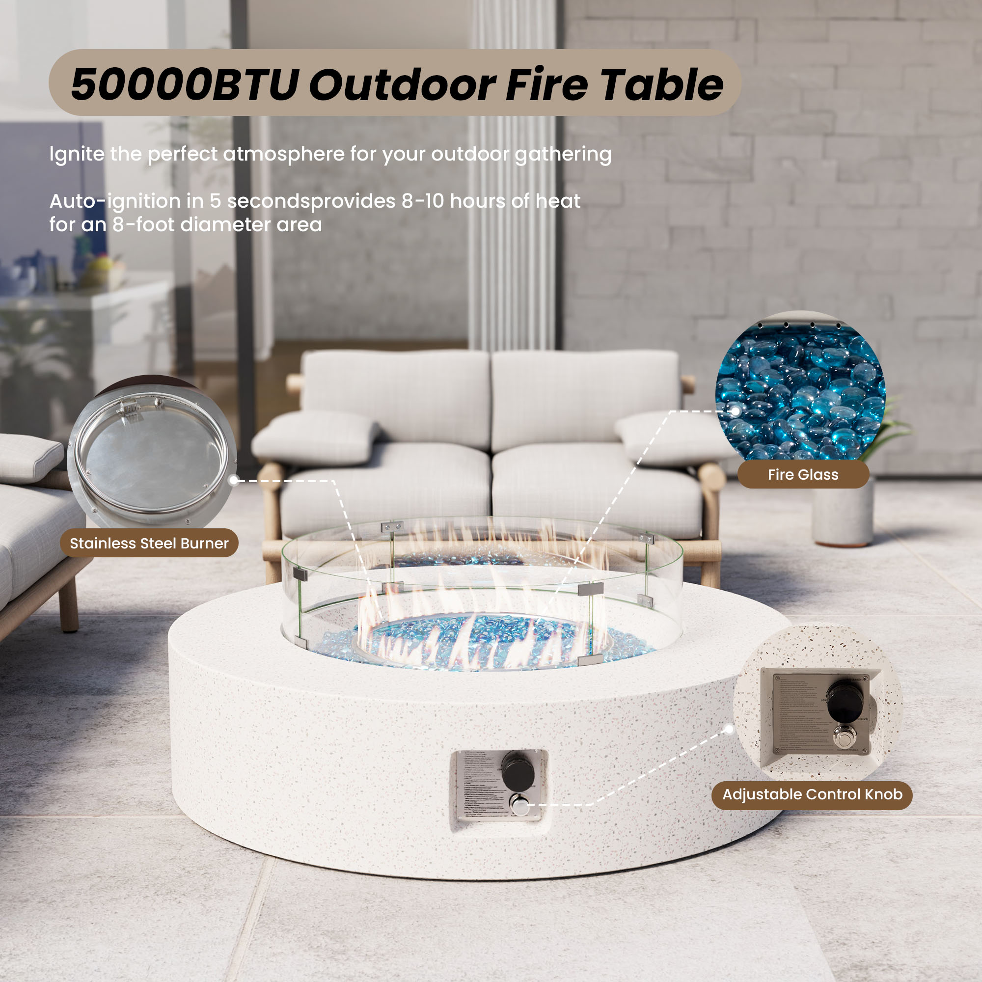 VENTOPYR Outdoor Propane Fire Pit Coffee Table, 40.5-inch Round, White Terrazzo Finish with Wind Guard, Aqua Blue Fire Glass, Rain Cover
