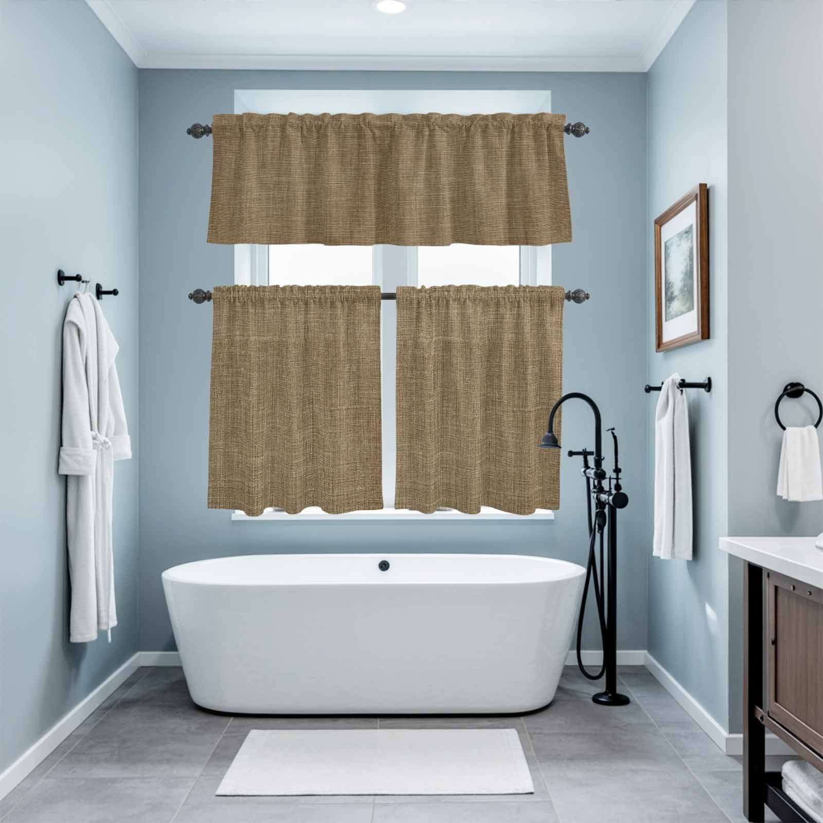 Vintage Brown Kitchen Curtains Sets for Windows 24 Inch Length, Farmhouse Retro Dark Solid Color Linen Texture Rod Pocket Window Treatments Tier Curtains and Valances Set for Bedroom/Bathroom