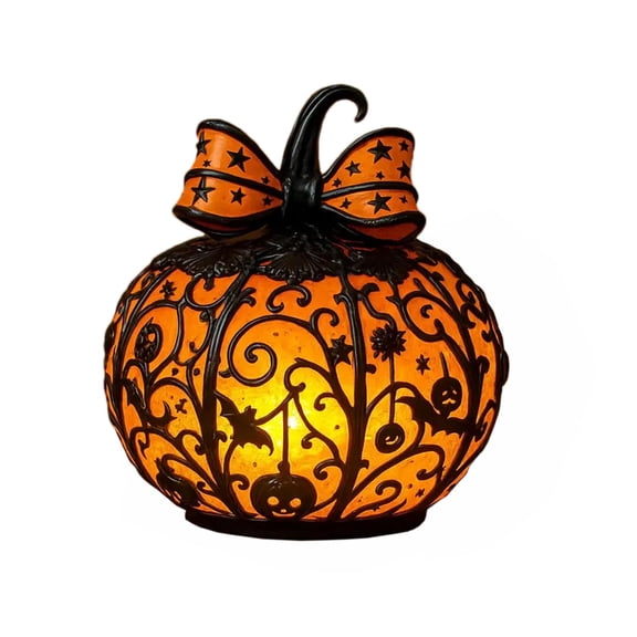 Halloween LED Light Up Pumpkin Table Lamp, Stained Glass Resin Pumpkin Light with Star Bow, Black Bat Lantern Pattern Halloween Ornament for Table Shelf Home Party Decor, S