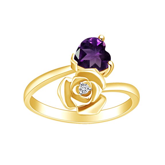 AFFY Heart Shape Simulated Amethyst & White Cubic Zirconia 14k Yellow Gold Over Sterling Silver Promise Ring