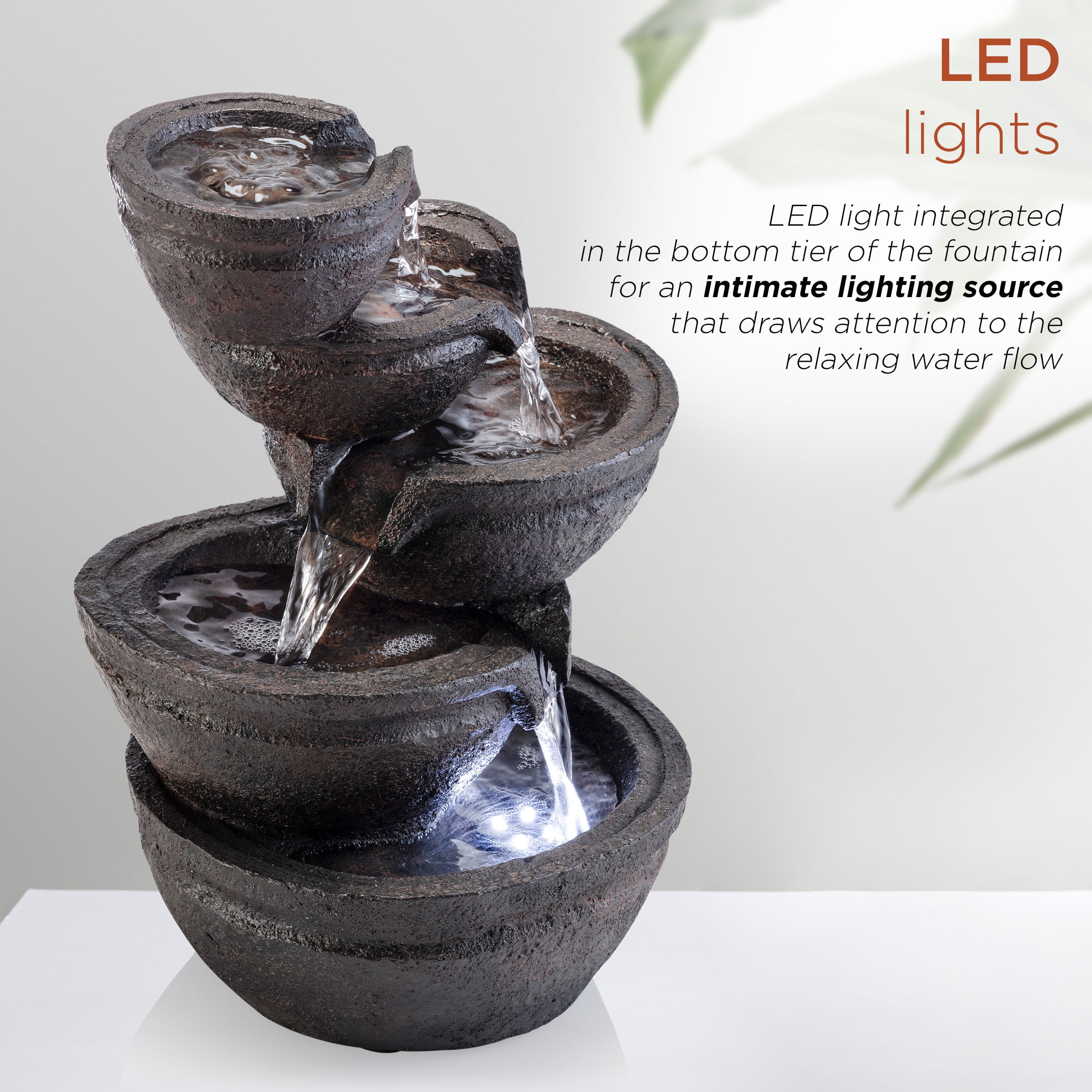 Alpine Corporation 13" 3-Tiered Bowls Tabletop Fountain with LED Lights, Resin