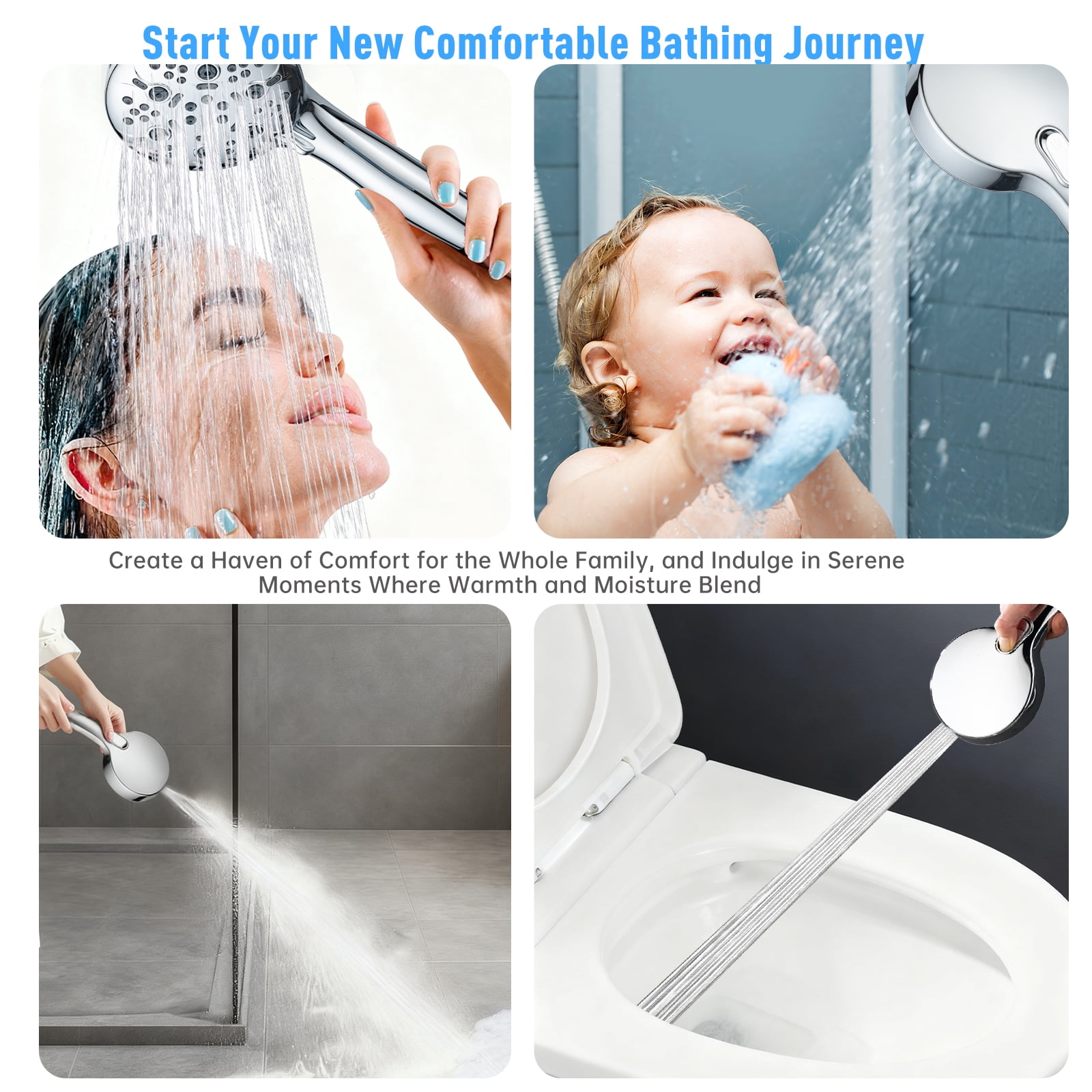 Joyrain 8-inch Rain Overhead Shower with Handheld High-pressure Shower Head, 8 Spray Modes, Rain Shower Combination with Multifunctional Extension Arm, Adjustable Height and Angle for Whole Family
