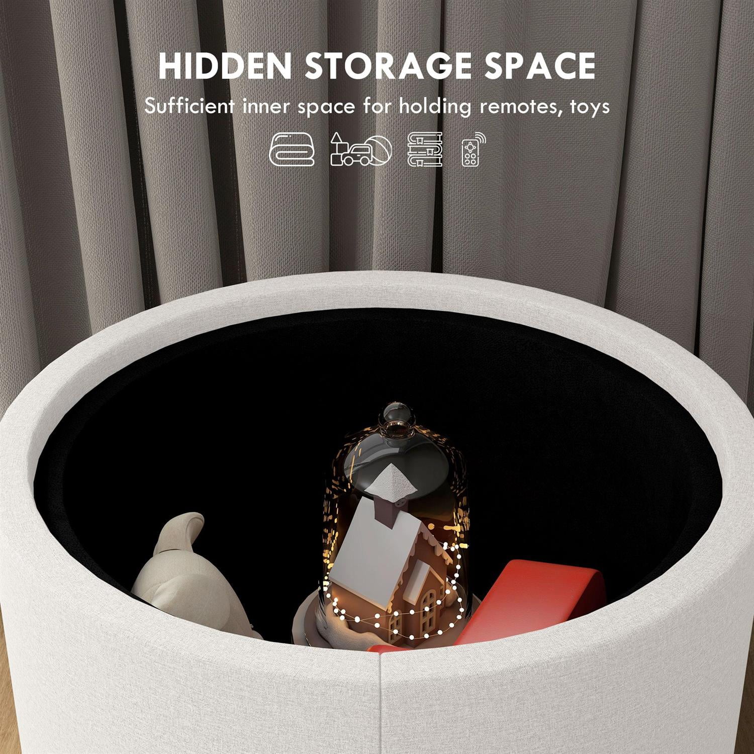 Demi Bonn 22" Round Ottoman Coffee Table with Flip Top Tray, Storage Footstool, Linen Fabric & Hidden Compartment for Living Room, White