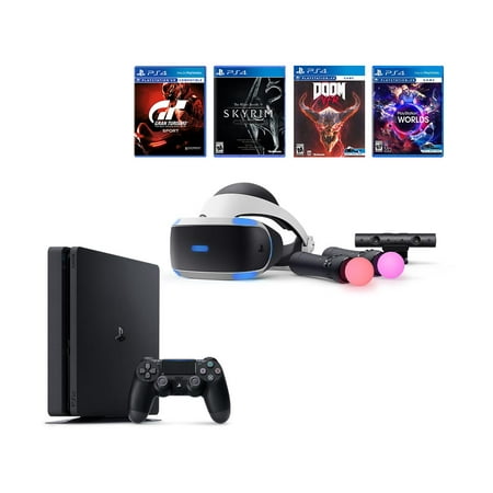 PlayStation 4 Slim Bundle (6 Items): PS VR Starter Bundle, PS 4 Slim 1 1TB Console - Jet Black, and 4 Game Discs: Doom, Skyrim, Worlds, and Gran Turismo (Skyrim Best Place To Sell Items)