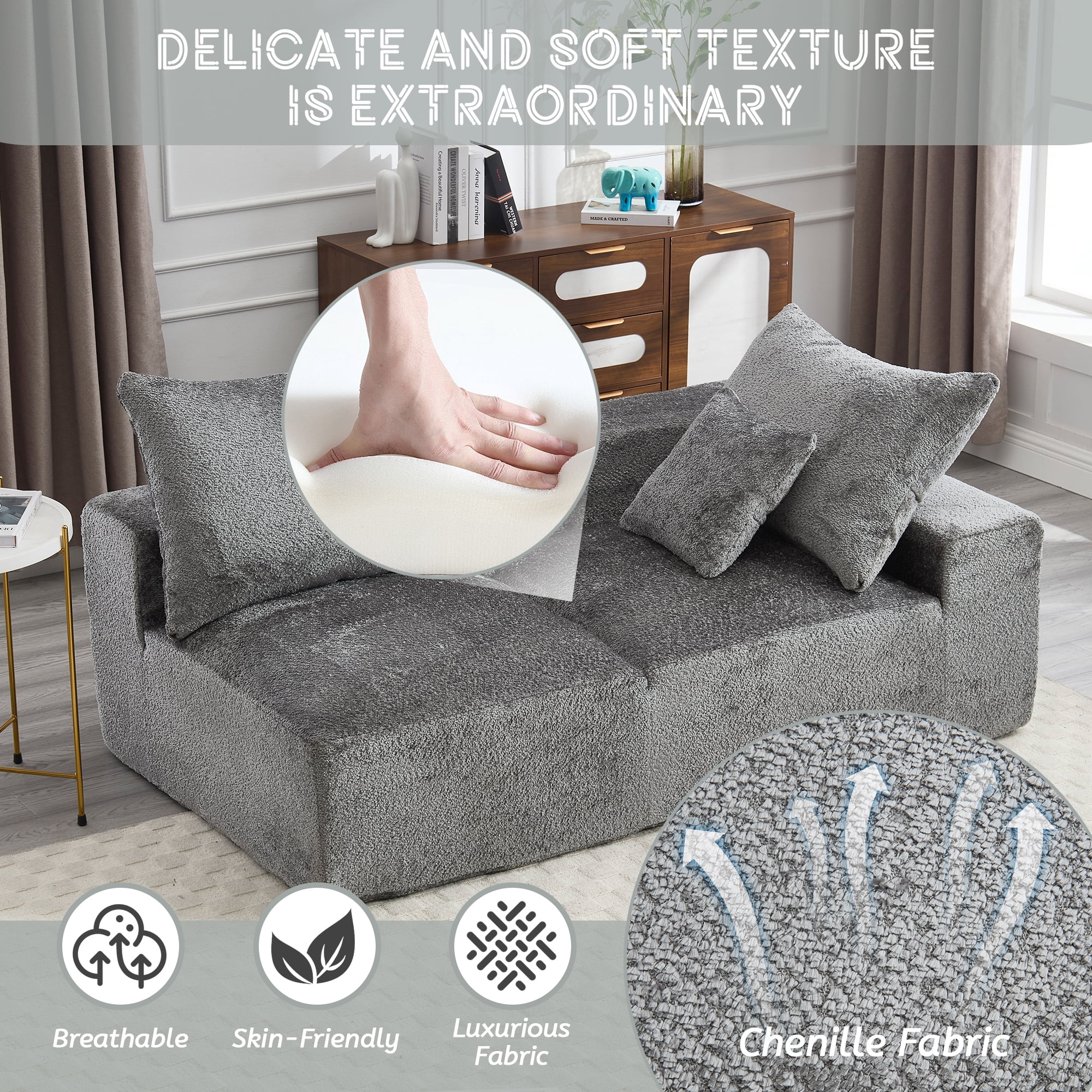 MOONMISS Boucle Upholstered Deep Seat Modern 2-Seater Lazy Leisure Sofa with 3 Pillows-Gray
