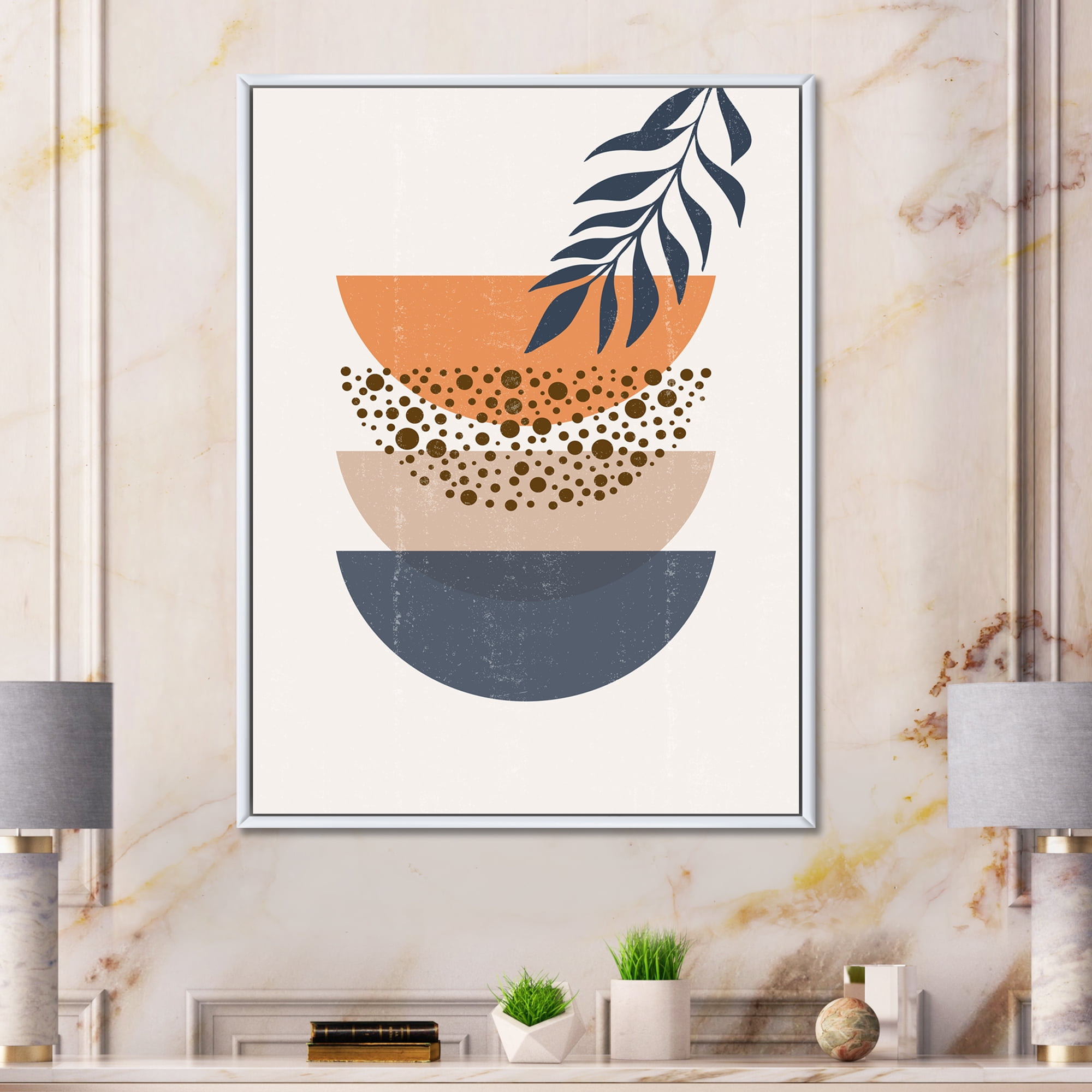 Designart 'Abstract Geometrical Moon and Sun With Leaf IV' Modern Framed Canvas Wall Art Print