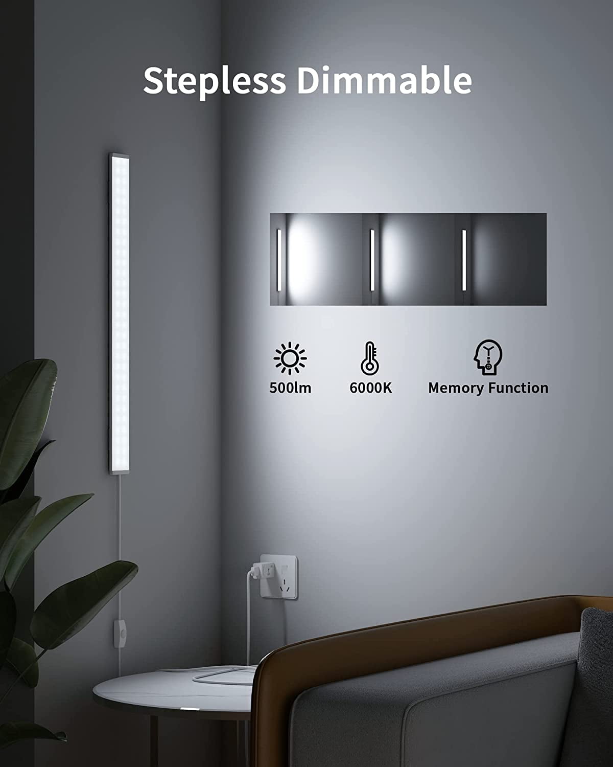 JJEAN-Under Cabinet Light, Upgrade 16inch LED Closet Light with Dimmable 6000K Cool White and Memory Function, Plug-in Under Counter Lights for Kitchen/Desk/Shelf/Workbench/Display Case/Room