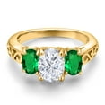 thumbnail image 3 of Gem Stone King 18K Yellow Gold Plated Silver White Moissanite and Green Nano Emerald Filigree Style 3 Stone Ring for Women (2.30 Cttw, Oval 8X6MM and 6X4MM) (Size 5), 3 of 6