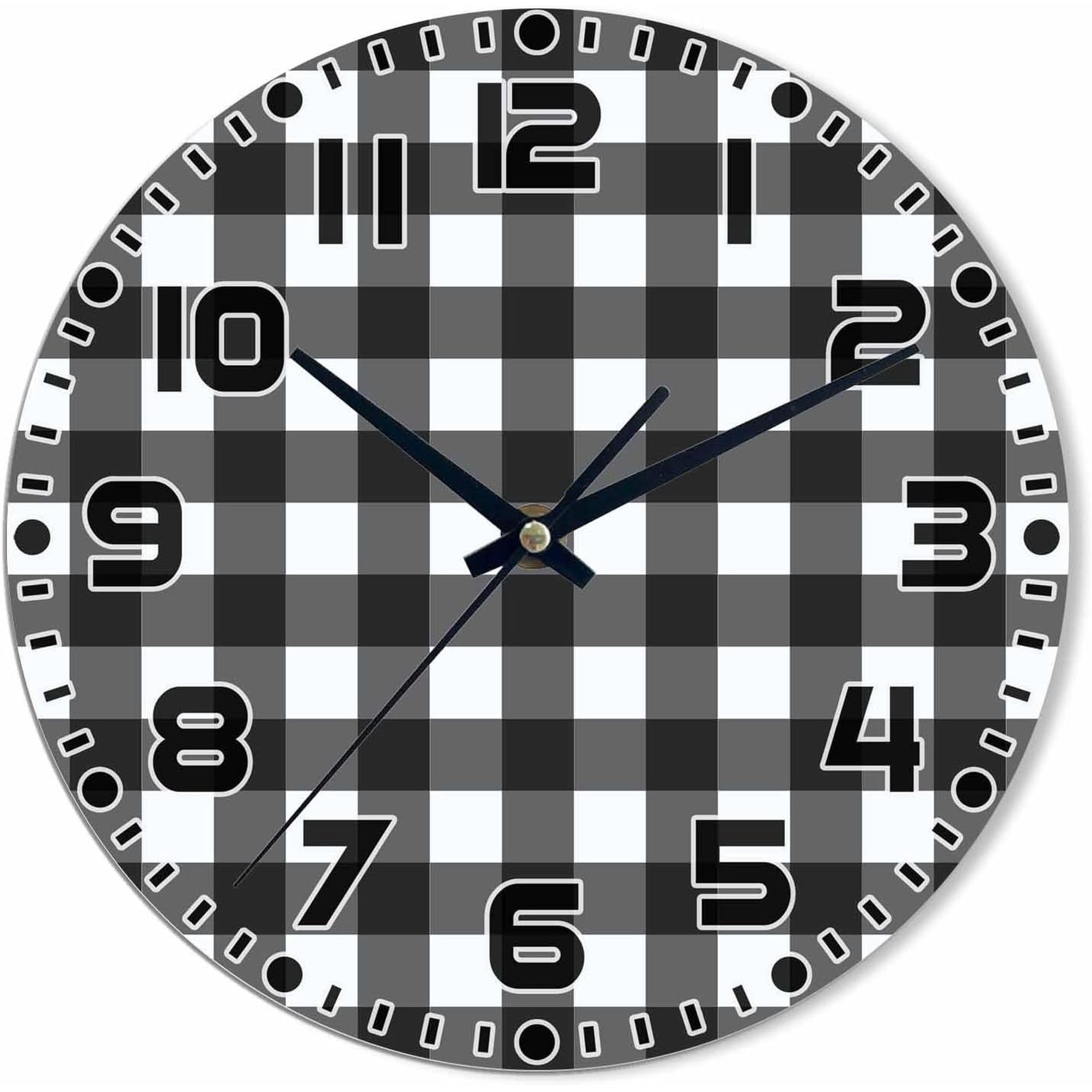 Checkered Wall Clock Battery Operated Black and White Wall Clock Silent Non Ticking Quality Quartz 12x12 inch Round Easy Clock to Read for Home Office