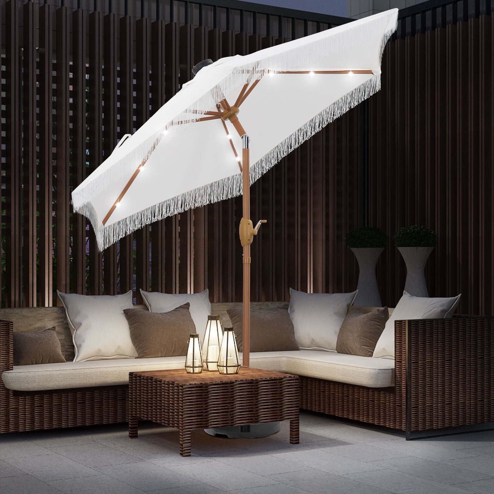Autlaycil 7.5 ft Fringe Patio Umbrella with 18 LED Lights, Tassels Solar Umbrella - White