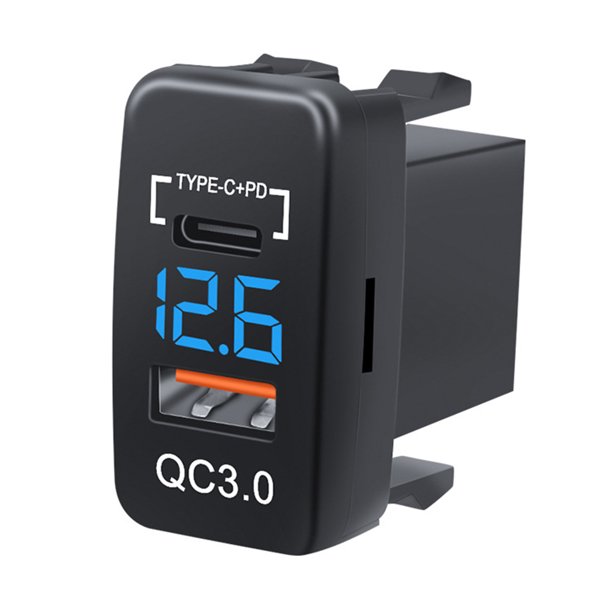 Cargador enchufe para coche 12V-24V QC3.0 tipo C PD con voltímetro LED carga impermeable () azul