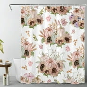 Fall Pink Sunflower Floral Shower Curtain for Bathroom,Thanksgiving Harvest Pumpkin and Autumn Leaves on White Fabric Shower Curtain with Hooks,Farmhouse Bathroom Curtain Shower Set, 60x72 inches