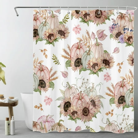 Fall Pink Sunflower Floral Shower Curtain for Bathroom,Thanksgiving Harvest Pumpkin and Autumn Leaves on White Fabric Shower Curtain with Hooks,Farmhouse Bathroom Curtain Shower Set, 60x72 inches