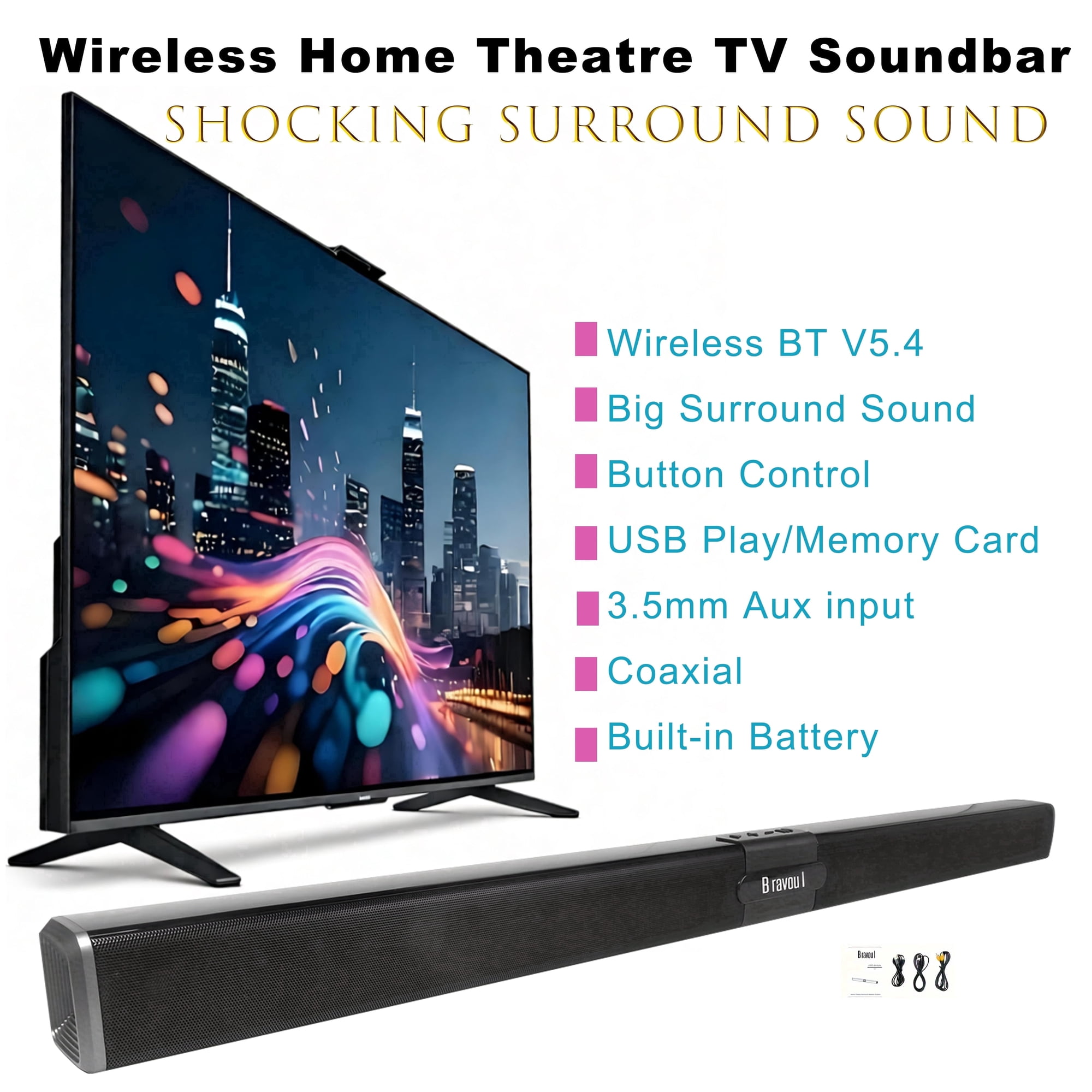 Bravoul Bluetooth Soundbar 2.0-channel V5.4 Home Theater Speaker Stereo 34.7" Sound Bar with built-in woofer, Black