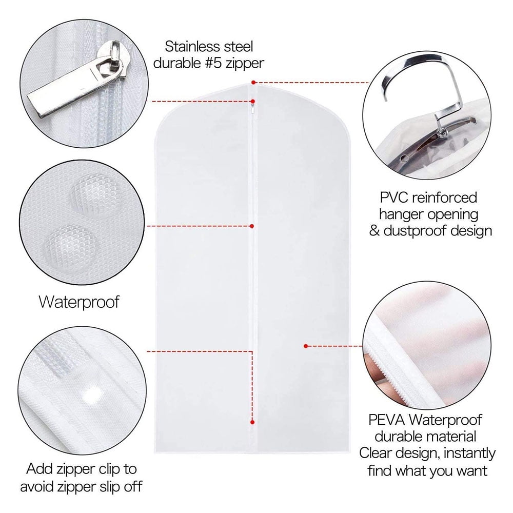 Set of 5 Hanging Garment Bags for Storage Breathbale Suit Cover for Closett Dust Suit Cover Protector with Zipper for Suit Coat, Jacket,White,60x100cm