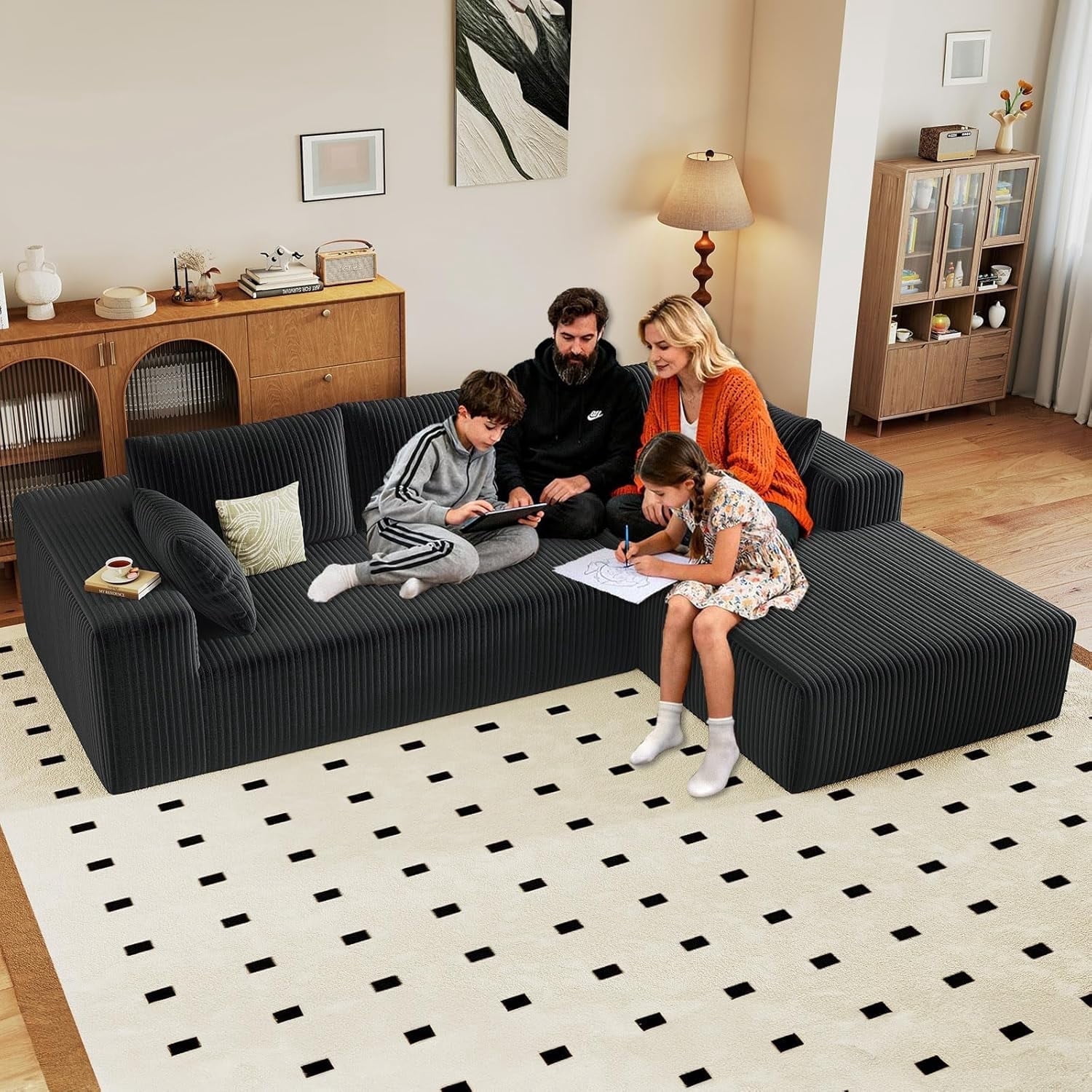 Cloud Couch Sectional, 96" L-Shaped Sofa, No Assembly Corduroy Couch with Chaise for Living Room,Black