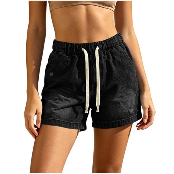 Floleo Women's Elastic Waist Drawstring Denim Shorts Casual High Waist Loose Fit Jean Shorts Washed Denim with Subtle Distressing Everyday Beach Shorts with Pockets for Women(Black,2XL)
