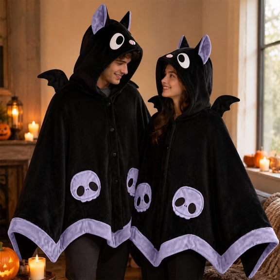 Bat Snug Wearable Bat Blanket Hoodie Halloween Loungefly Bat Themed Wearable Hooded Blanket, Soft Wing Design Hooded Cape Wrap, Cosplay Style Plush Throw Cloak
