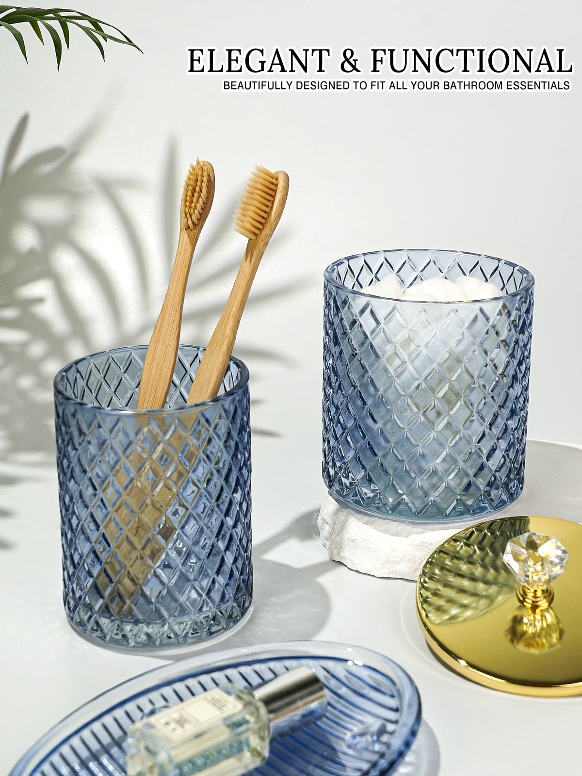 Cirhy Blue Bathroom Accessories Set, 4PCS Glass Bathroom Accessory Set with Lotion Soap Dispenser, Toothbrush Holder, Qtip Holder & Soap Dish, Modern Bathroom Decor for Home Apartment