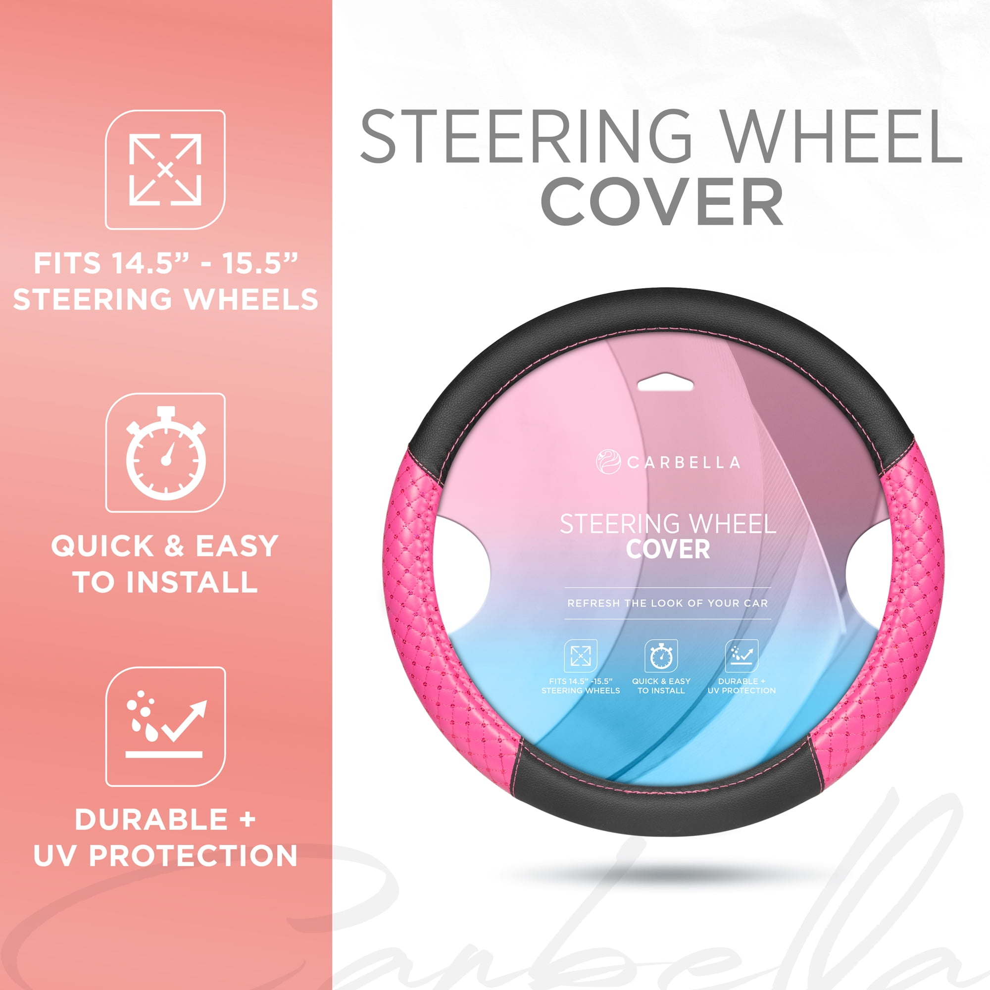 BDK CarXS Diamond Quilt Steering Wheel Cover, Pink – Breathable Anti-Slip Protector with Bling Bling Sequin for Women, Fits Most Standard Wheel Sizes 14.5-15 inch