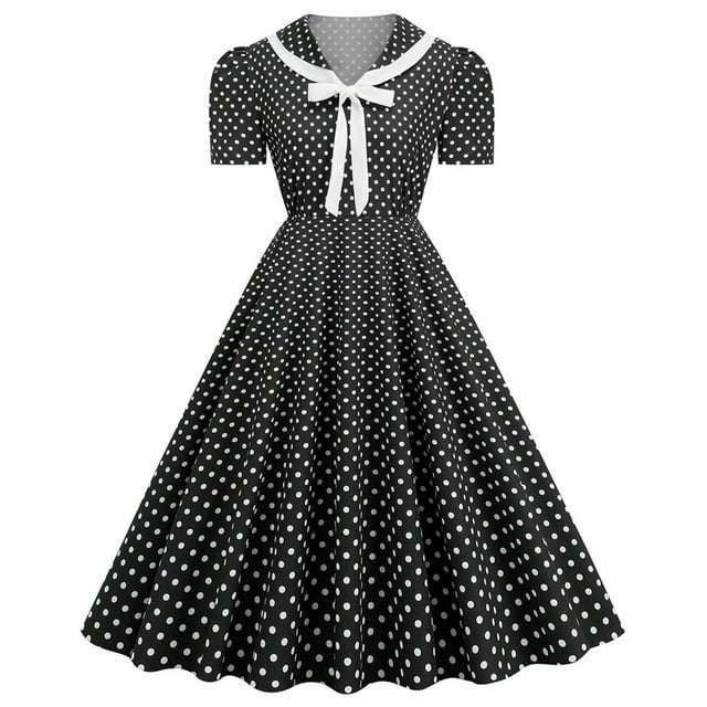 UPPADA Robe de Thé Classique pour Femme à Manches Courtes, Robe Évasée de Cocktail, Robes Rétro Vintage des Années 1950 à Pois, Robe Midi de Bal Rockabilly des Années 1950, Offres d'Accès Anticipé