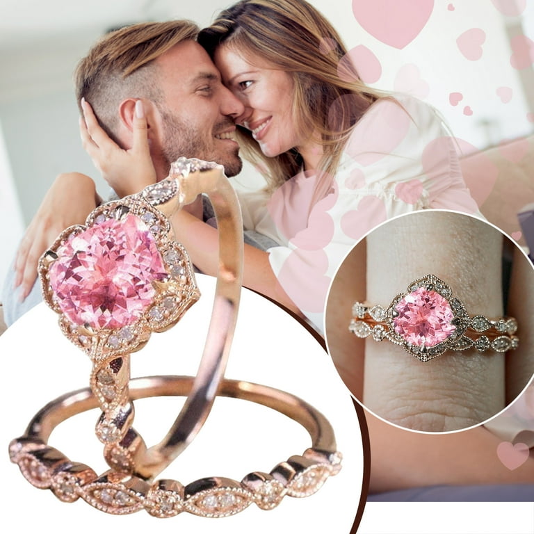 Womens Rings Vintage Floral Engagement Ring Pink Diamond Wedding Band Ring  Set 