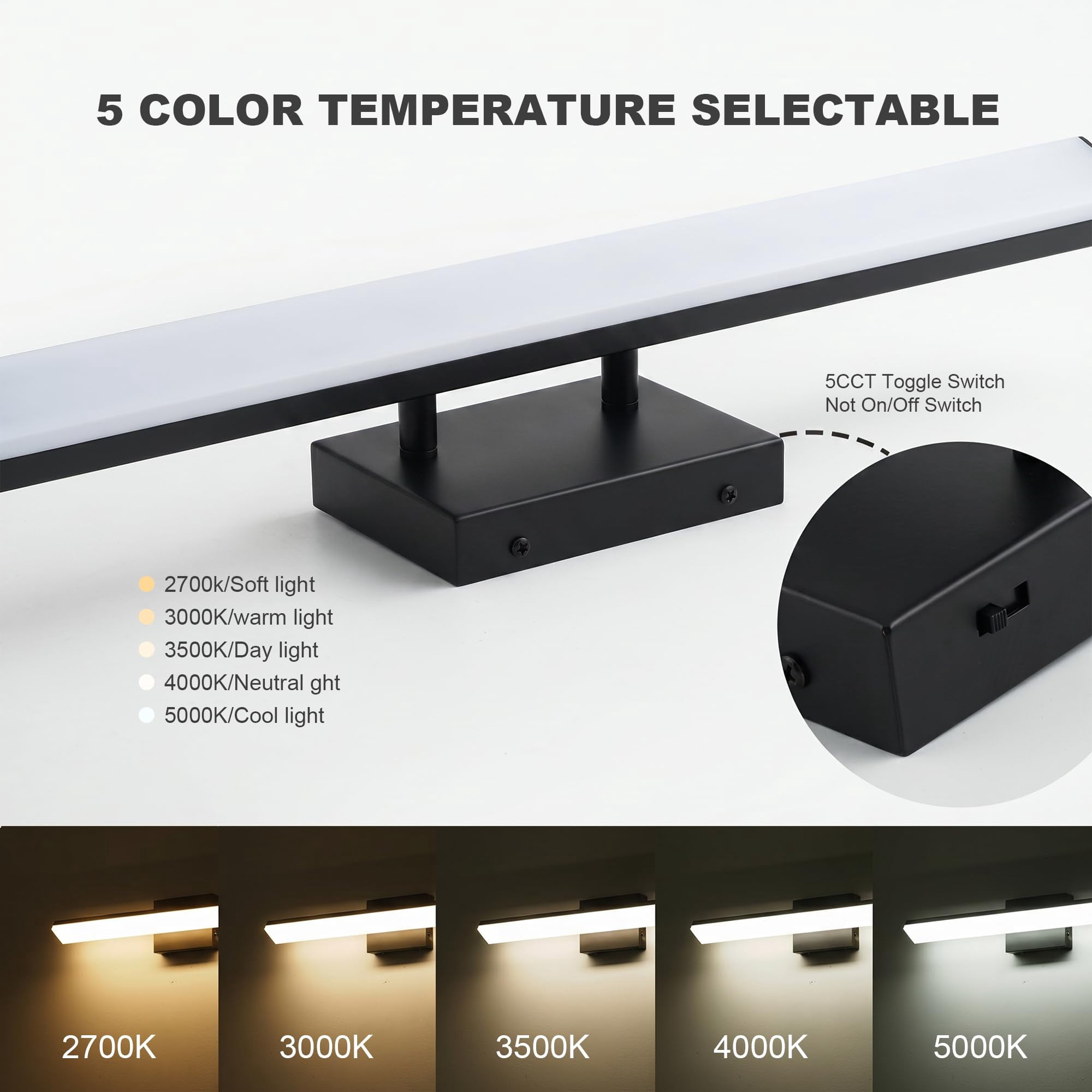 24in 5cct Modern Led Vanity Light For Bathroom Lighting Dimmable 24w Black Painted