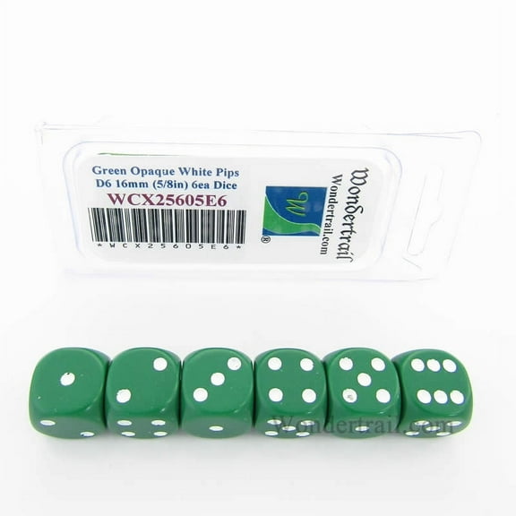 Green Opaque Dice with White Pips D6 16mm (5/8in) Pack of 6 Wondertrail