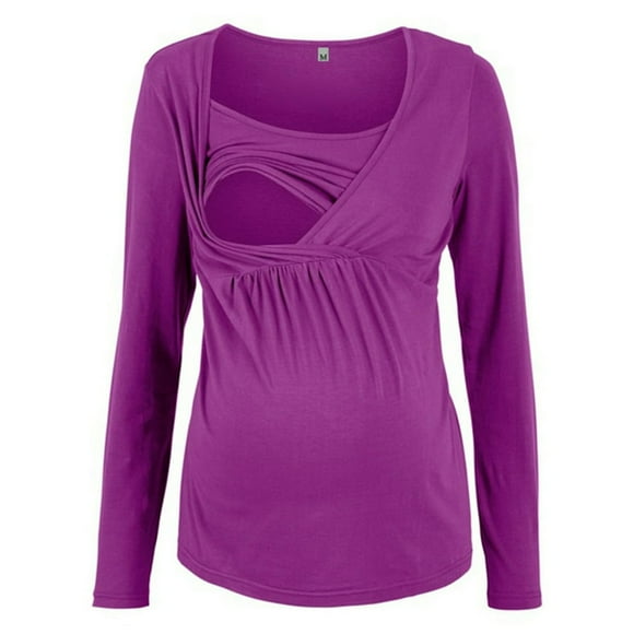 PENGXIANG Womens Maternity Irregular Soild Hem Tee Shirt Casual Long Sleeve Crew Neck Basic Nursed T Shirt Top Breastfeeding