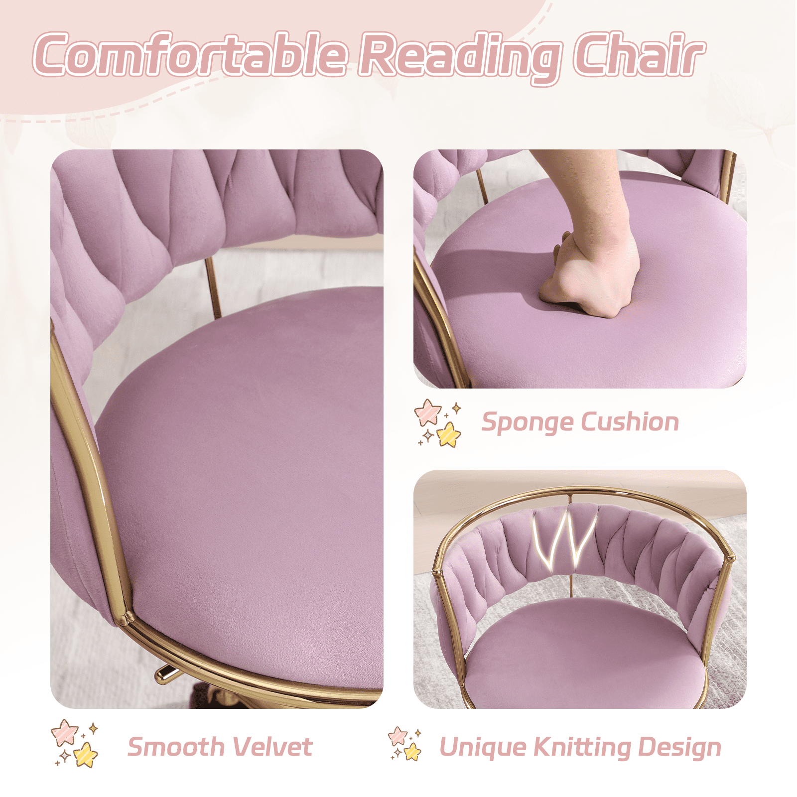 Guyou Kids Desk Chair, Velvet Rolling Swivel Children Chair, Adjustable Student Task Chair, Curved Woven Backrest Vanity Chair for Bedroom Dormitory Children Gifts, Light Purple