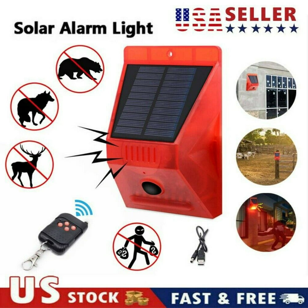 Solar Alarm Lamp Strobe Light Infrared Motion Sensor Waterproof Remote