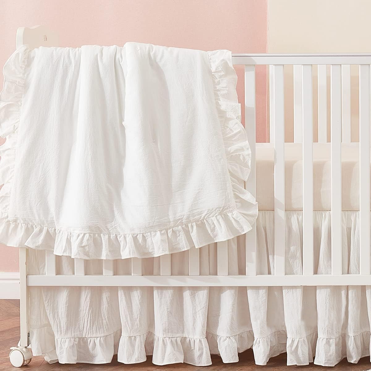 Tealp Farmhouse Crib Bedding Sets for Girls and Boys, 3 Piece Nursery Set White Baby Comforter, Fitted Crib Sheet, Crib Skirt Included