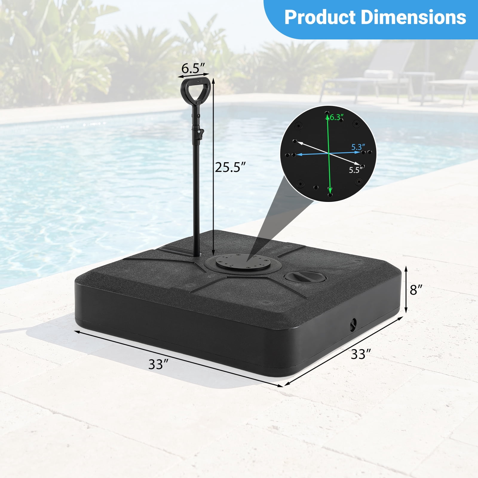 Costway Cantilever Umbrella Base with Wheels, Retractable Pull Rod, 360° Rotation for Pool